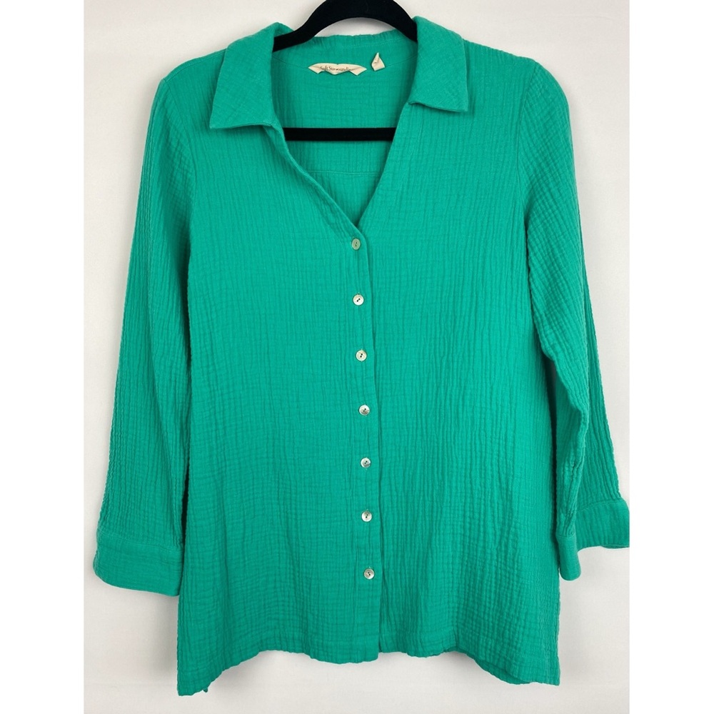Soft Surroundings Womens Button Up Shirt S Petite Green Gauze Cotton Coastal